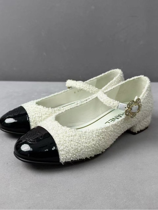 CHANEL Shoes - Authentic CHANEL White Tweed Mary Jane Flats with Black Patent Cap Toe
